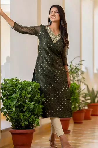 green fancy silk blend kurta set