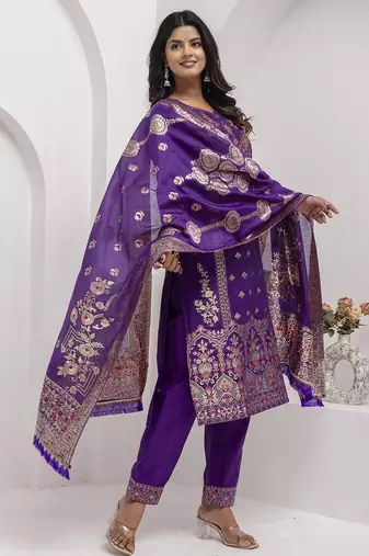 purple fancy jacquard kurta set