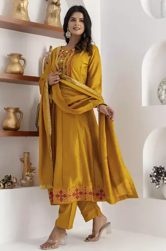 yellow fancy silk kurta set