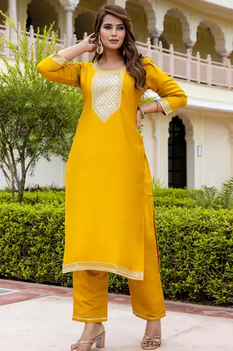 yellow fancy viscose rayon kurta set