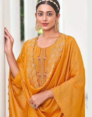 Yellow venetian silk designer festive wear readymade suit 2