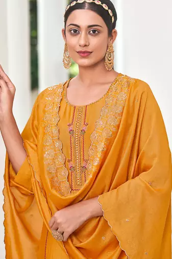 Yellow venetian silk designer festive wear readymade suit
