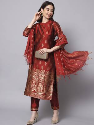 maroon fancy cotton silk kurta set 2