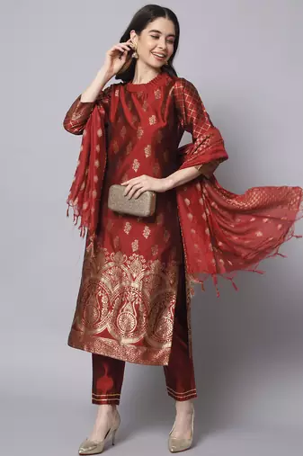 maroon fancy cotton silk kurta set