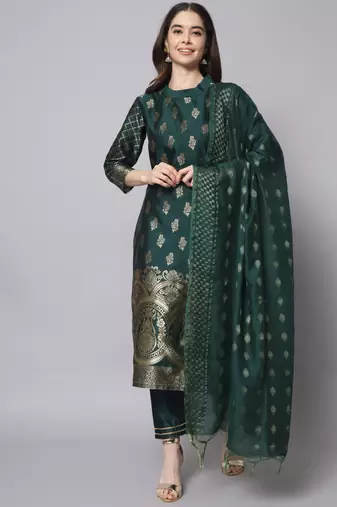 green fancy cotton silk kurta set