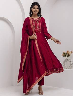 red fancy silk kurta set 3