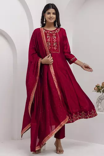 red fancy silk kurta set