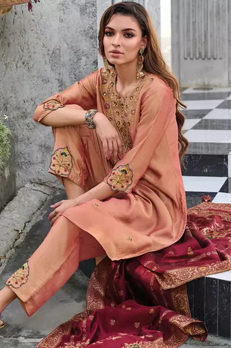 peach fancy silk kurta set