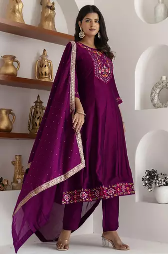 purple fancy silk kurta set