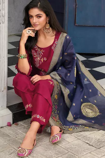 scarlet-red fancy silk kurta set