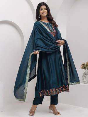 teal fancy silk kurta set 3