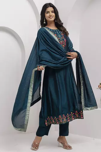teal fancy silk kurta set