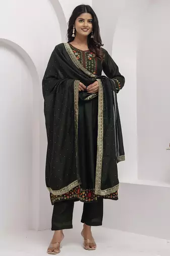 green fancy silk kurta set