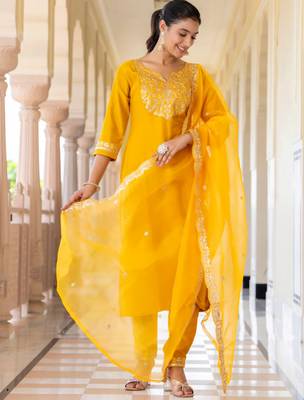 yellow fancy silk blend kurta set 2