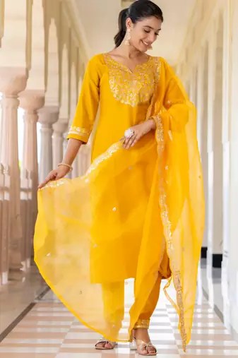 yellow fancy silk blend kurta set