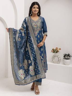 teal fancy jacquard kurta set 3