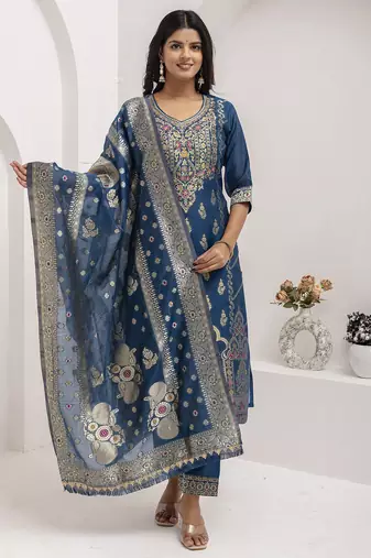teal fancy jacquard kurta set