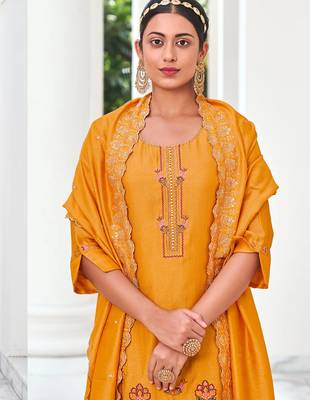 Yellow venetian silk designer festive wear readymade suit 3
