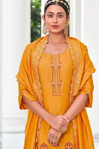 Yellow venetian silk designer festive wear readymade suit