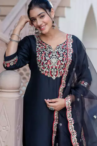 Black silk blend designer festive wear readymade suit