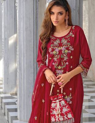 Maroon silk blend designer festive wear readymade suit 2