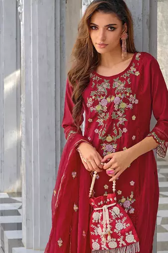 Maroon silk blend designer festive wear readymade suit