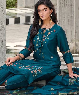 teal fancy silk kurta set 3