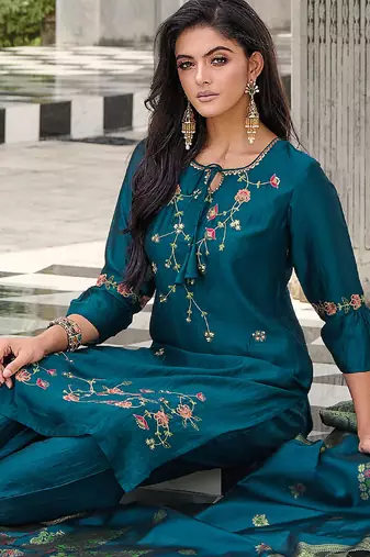teal fancy silk kurta set