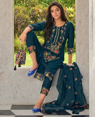 teal fancy pure viscose kurta set 3