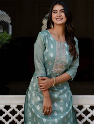 sea-green fancy silk blend kurta set 3