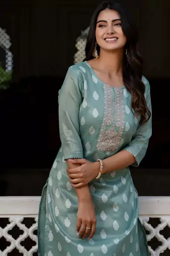 sea-green fancy silk blend kurta set