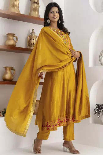 yellow fancy silk kurta set