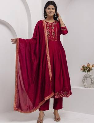 red fancy silk kurta set 4