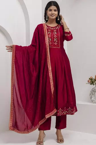red fancy silk kurta set