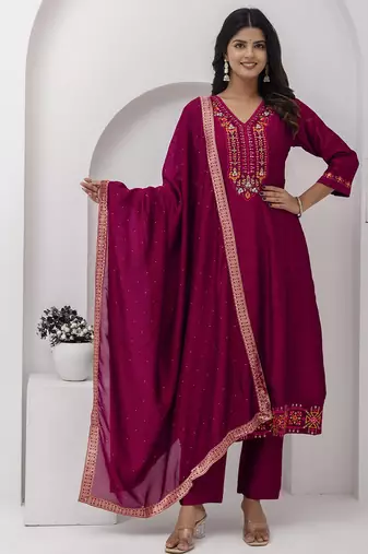 scarlet-red fancy silk kurta set