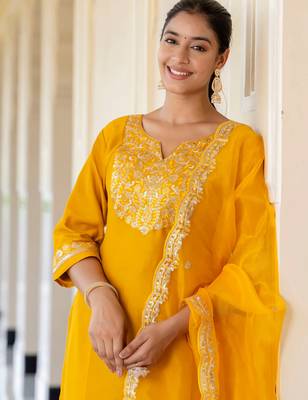 yellow fancy silk blend kurta set 3