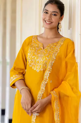 yellow fancy silk blend kurta set