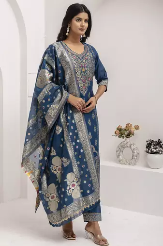 teal fancy jacquard kurta set