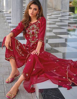 Maroon silk blend designer festive wear readymade suit 3