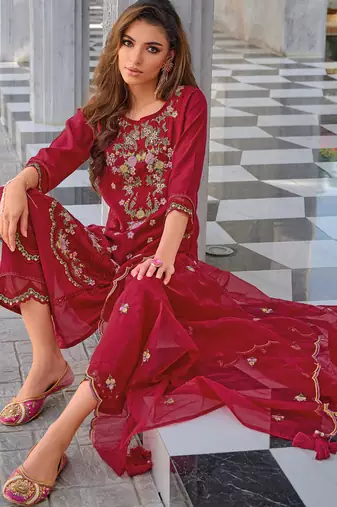 Maroon silk blend designer festive wear readymade suit
