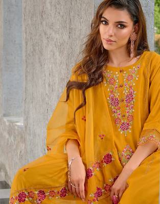 yellow fancy pure viscose kurta set 3