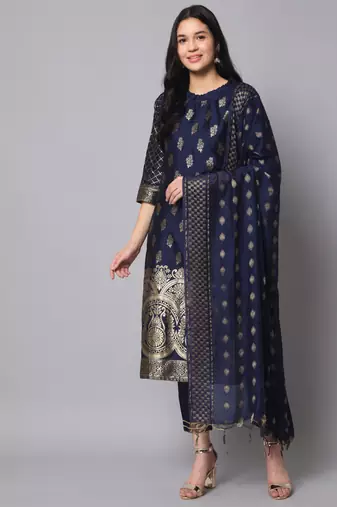 navy-blue fancy cotton silk kurta set