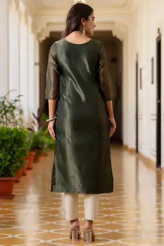 green fancy silk blend kurta set