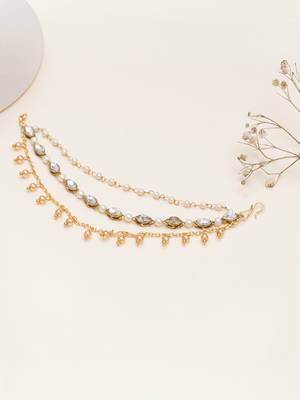 Kundan pearl layered single hair chain with golden drops 1