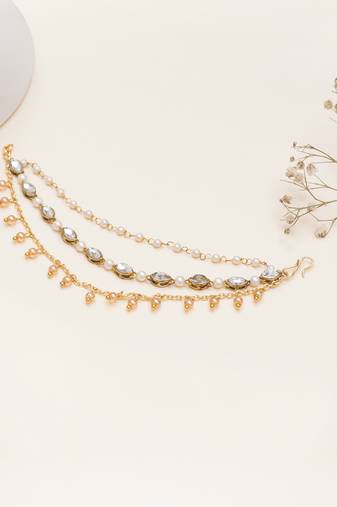 Kundan pearl layered single hair chain with golden drops
