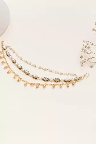 Kundan pearl layered single hair chain with golden drops