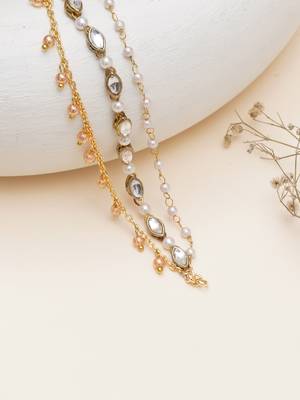 Kundan pearl layered single hair chain with golden drops 3