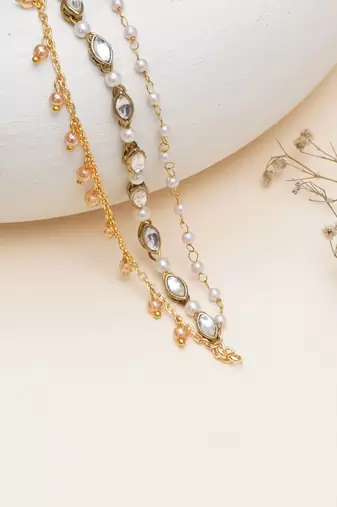Kundan pearl layered single hair chain with golden drops