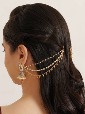 Kundan pearl layered single hair chain with golden drops 4