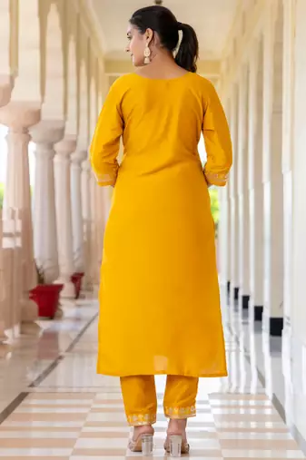 yellow fancy silk blend kurta set
